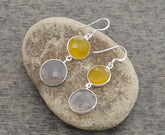 Yellow Chalcedony 12mm and Grey Chalcedony 15mm Round Gemstone Drop Earrings, 925 Sterling Silver Earrings, Hook Earrings, Dangle Earrings